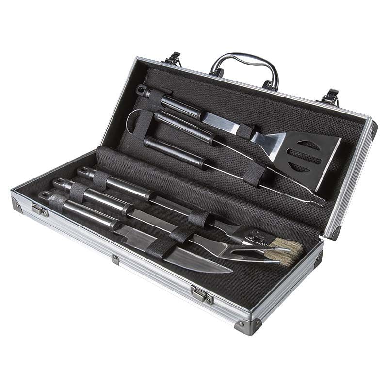 SET CHURRASQUERO 5 PIEZAS ACERO INOXIDABLE, CAJA DE ALUMINIO